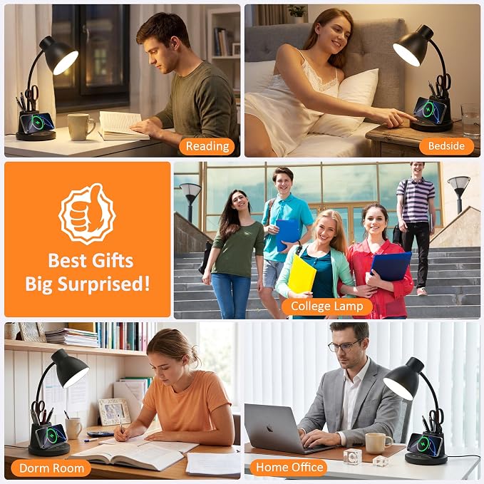 Desk Lamp for Home Office, 10W Wireless Charging, Eye-Caring LED Desk Light, CRI 95+ 3 Color Modes Stepless Dimming Pen Holder, 360° Flexible Arm Desk Lamps for College Dorm, Adapter Included