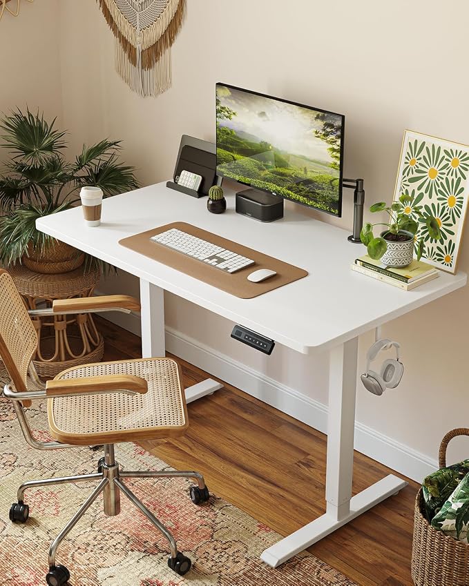 CubiCubi 32 x 20 Small One-Piece Standing Desk, Adjustable Height Electric Computer Home Office Sit Stand up Workstation, with 4 Memory Presets, Headphone Hook, Elegant White