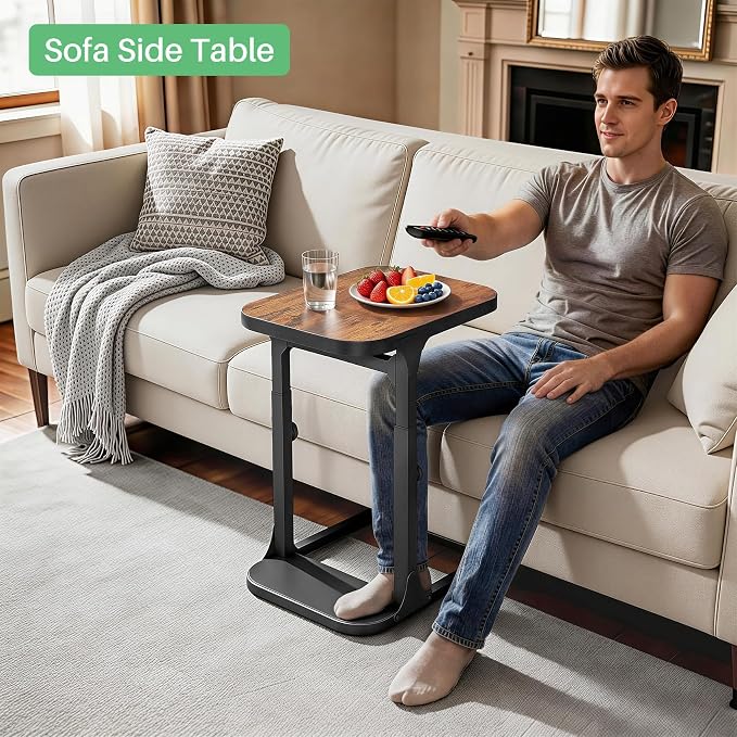 Kitstorack Ultra Stable & Durable End Table, Ajustable Height C Shaped Side Table for Couch, Sofa Side Table with Thickened Metal Frame for Living Room, Bedroom, Rustic