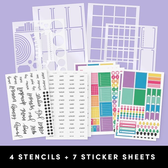 PAPERAGE Bullet Journal Kit, Dotted Journaling Set & Stationary Kit, Hardcover Dotted Journal Notebook (Lavender), 12 fineliner Pens, 8 Sticker & 3 Stencil Sheets, 6 Washi Tapes