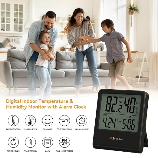 Indoor Thermometer, Room Thermometer and Hygrometer with Clock, Temperature and Humidity Meter with Clock, Double Comfort Indicator, Time, Date(Black)