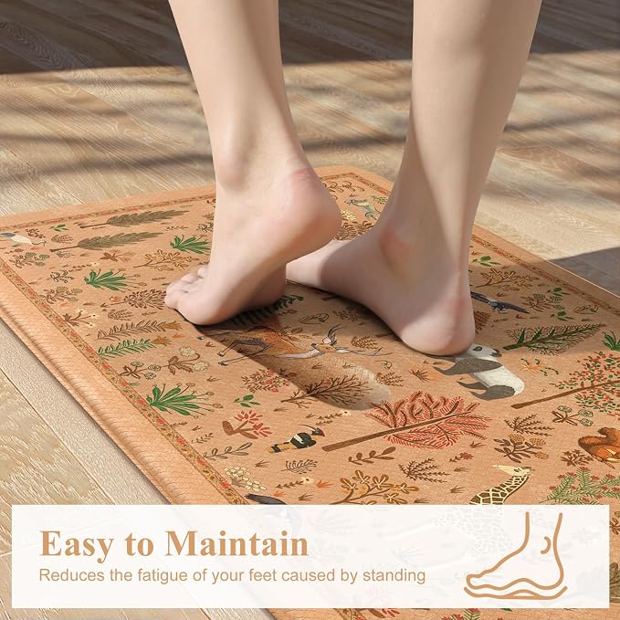 KIMODE Kitchen Floor Mats for Floor Cushioned Anti Fatigue,Rugs Sets of 2 | 17.3"x47"+ 17.3"x29",Orange Light Brown,Animal Forest Kitchen Rug,Padded Memory Foam Under Kitchen Sink Mat for Laundry Decor