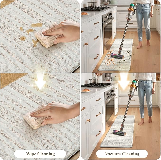 KIMODE Kitchen Mats Cushioned Anti Fatigue, Farmhouse Kitchen Rugs Sets of 2, Memory Foam Kitchen Mats for Floor, Waterproof Standing Mat for Kitchen Decor Laundry Office Desk Khaki 17"x47"+17"x29"