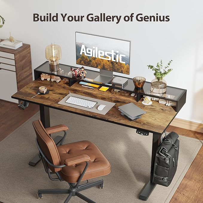 Agilestic 48 x 24 Inches Electric Standing Desk with Storage, Adjustable Height Sit and Stand Computer Table with Glass Shelf, Splice Board, Rustic Brown