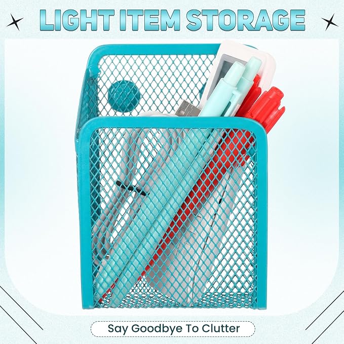 Fuutreo 2 Pcs Large Magnetic Pencil Holder Mesh Stainless Steel Pen Basket Magnetic Pen Cups Storage Organizer for Fridge Whiteboard Blackboard Kitchen Refrigerator Locker Home Office School(Blue)
