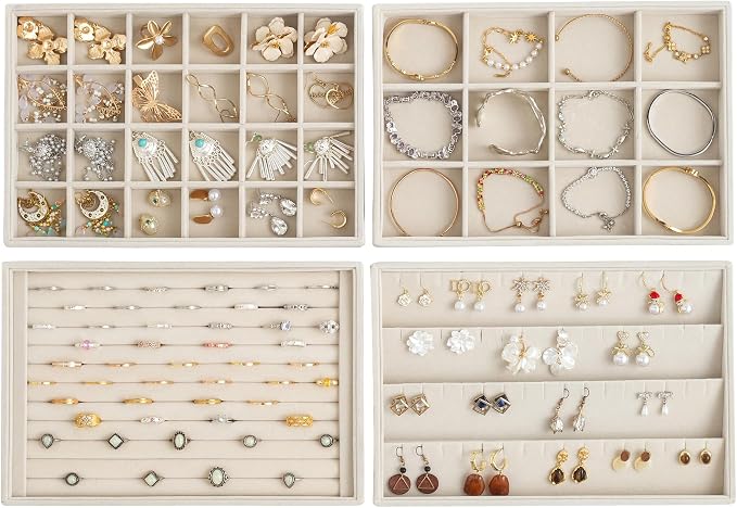 Jewelry Trays for Drawer,Set of 4 Jewelry Organizer and Storage | Velvet Material,Stackable,Adjustable Dividers,Drawer Inserts for Rings Studs Bracelet,Earring Organizer for Women Girls