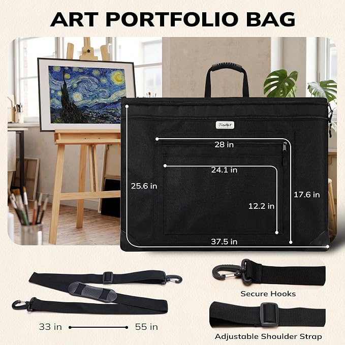 JusArt Art Portfolio Bag, 24x36 Foldable Light Weight Portfolio Folder Case with Adjustable Shoulder Strap, Leather Corners, Waterproof Art Bag for Artists and Adults for Artwork, Poster, Sketching