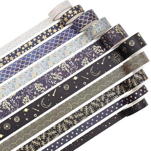 Creative Washi Tape Set 10 Rolls Gold Foil Print Decorative Masking Tapes for Arts, DIY Crafts, Journals, Planners, Scrapbook, Wrapping (Black Mashup)