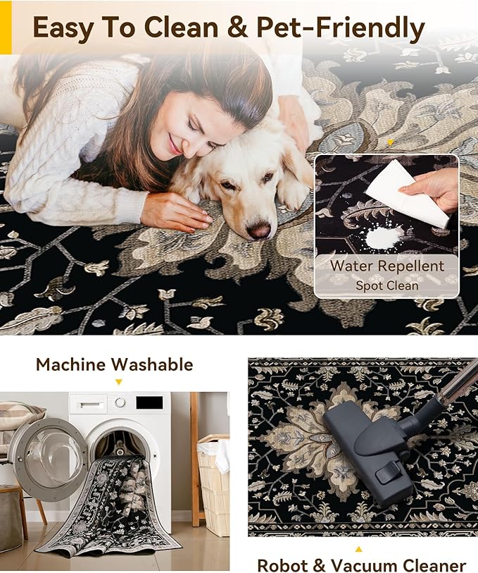 RELEANY Area Rugs 7'x9' Washable Non-Slip, Floral Vintage Distress Medallion Carpet for Living Room Bedroom Dining Room, Black Brown Neutral Dark Tan