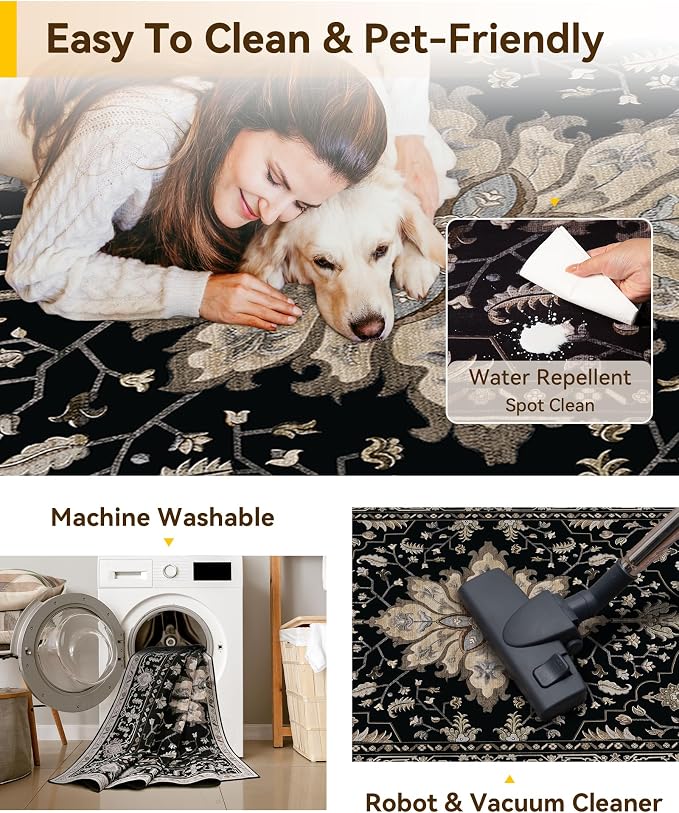 RELEANY Area Rugs 3'x5' Washable Non-Slip, Floral Vintage Distress Medallion Carpet for Living Room Bedroom Dining Room, Black Brown Neutral Dark Tan