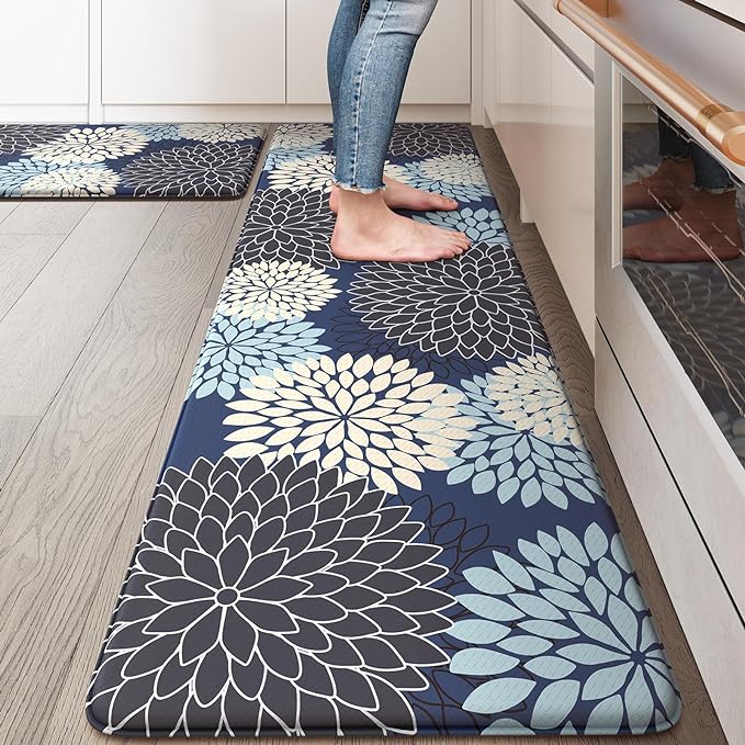 KIMODE Anti Fatigue Kitchen Mats for Floor Cushioned Kitchen Rugs Sets of 2 | 17"x59"+17"x29",Floral,Blue,Non-slip,Waterproof,Kitchen Runner Rug,Comfort Foam Paded Mat for Floors Office Laundry Sink