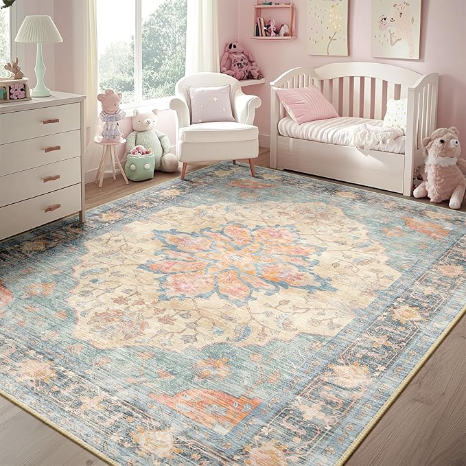 RELEANY Area Rugs 5'x8' Washable Non-Slip, Floral Vintage Distress Medallion Carpet for Living Room Bedroom Dining Room, Blue Orange Red