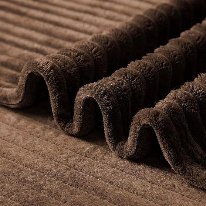Vessia Flannel Fleece Throw Blanket(50X70 Inch), 300GSM Cozy Brown Stripe Throw for Couch, Sofa and Bed, Warm and Soft Chocolate Microfiber Ribbed Blanket for All Season