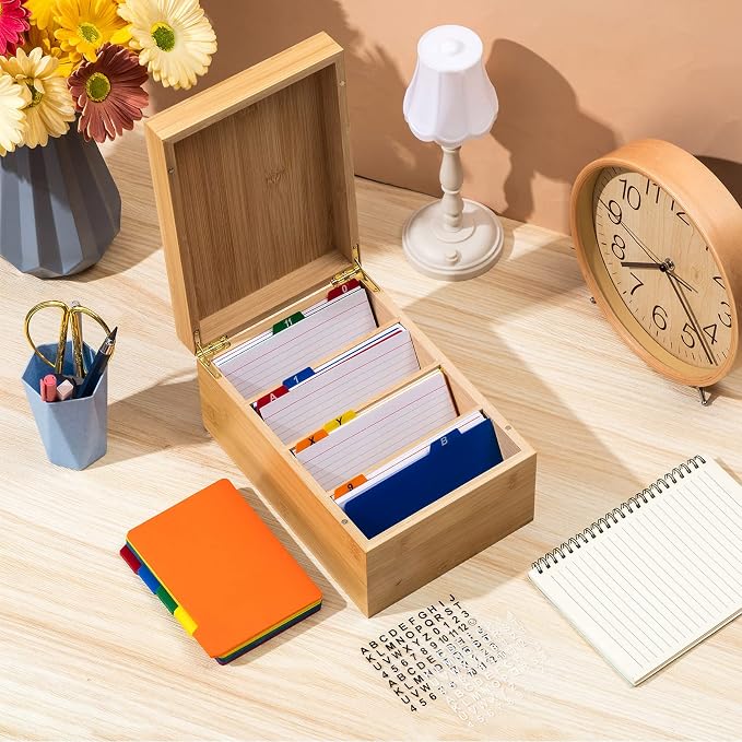 4 x 6 Inch Index Card Holder Set, Bamboo Organizer Box with 50 Dividers & 2 Sheets Alphabet Number Stickers File Note Holders, Holds 1200 Cards for Office Business Home Kitchen, Wooden Color