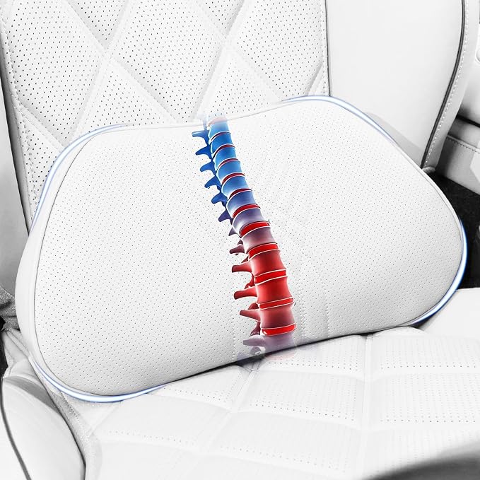 Lumbar Support Pillow for Car Seat, Office Chair, Off-White, 1PC | Leather Lumbar Pillow Memory Foam Lower Back Cushion for Back Pain Relief Improve Posture, Ergonomic Back Rest Gaming Chair