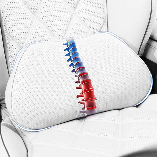 Lumbar Support Pillow for Car Seat, Office Chair, Off-White, 1PC | Leather Lumbar Pillow Memory Foam Lower Back Cushion for Back Pain Relief Improve Posture, Ergonomic Back Rest Gaming Chair