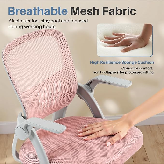 Sweetcrispy Home Office Managerial Executive Chair, Flip Up Armrest Ergonomic Mesh Adjustable Swivel Mid-Back Computer Desk Chair with Comfortable Lumbar Support, Comfy Arms for Bedroom,Study