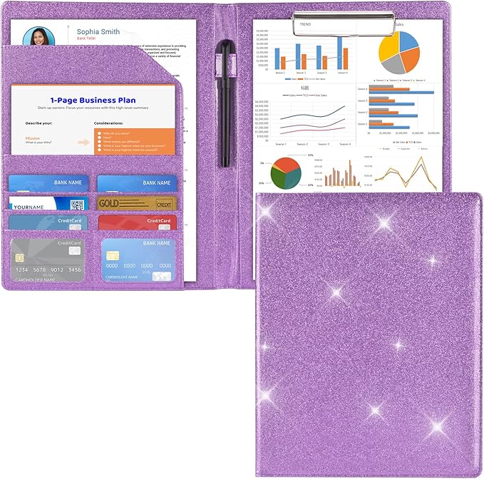 Cacturism Padfolio Portfolio Folder, Foldable Letter Size Clipboard Legal Pad, Bling PU Leather Professional Folio Organizer for Women - Resume Business Document Holder for Job Work Office, Purple