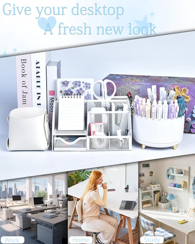 White Desk Accessories and Organizers with Desk Organizer and 360°Rotating Pen Holder stapler Pen and a Lot of Office White Office Supplies Beautifully Presented in a Gift Box