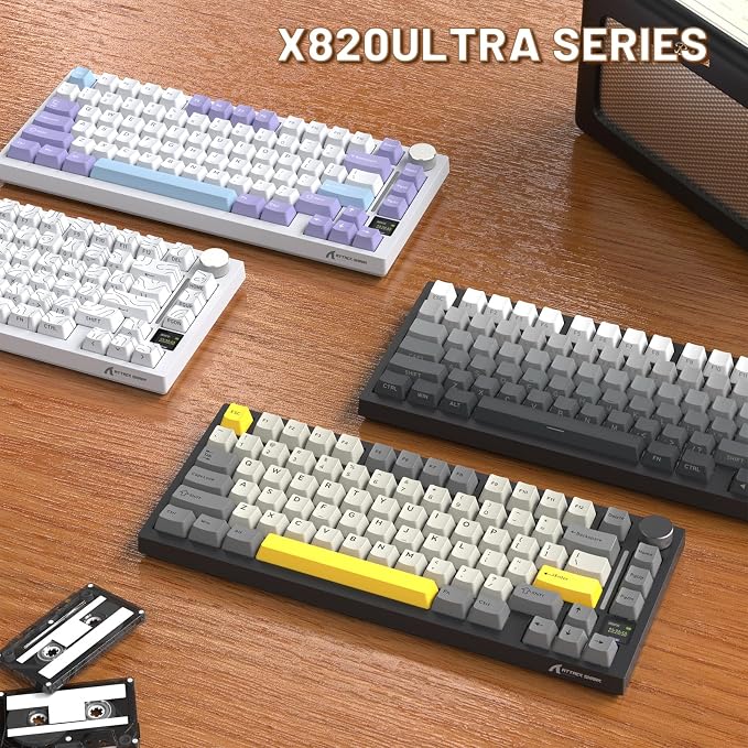 A.JAZZ Attack Shark X820Ultra 75% Wireless Mechanical Gaming Keyboard and Coiled Cable Hot Swappable 2.4GHz/Bluetooth/Wired Keyboard with Screen & Knob RGB Backlit Gasket Mount Shark Switch-Starblack