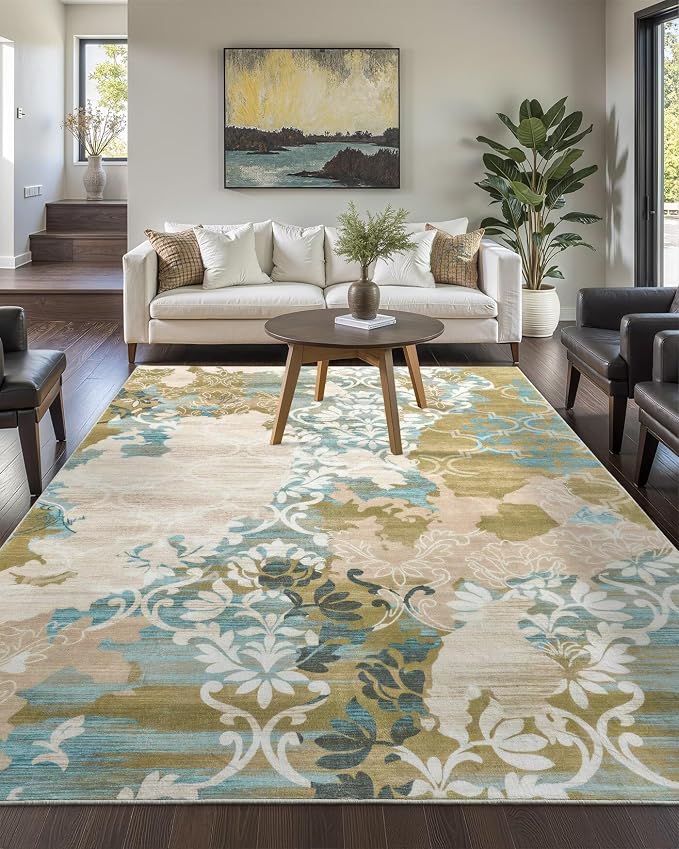 Macgace Washable Abstract Rug, 6x9 Willow Green and Blue Floral Area Rugs with Non-Slip Rubber Backed for Living Room, Low Pile Modern Throw Carpet Bedroom Dining Room Decor