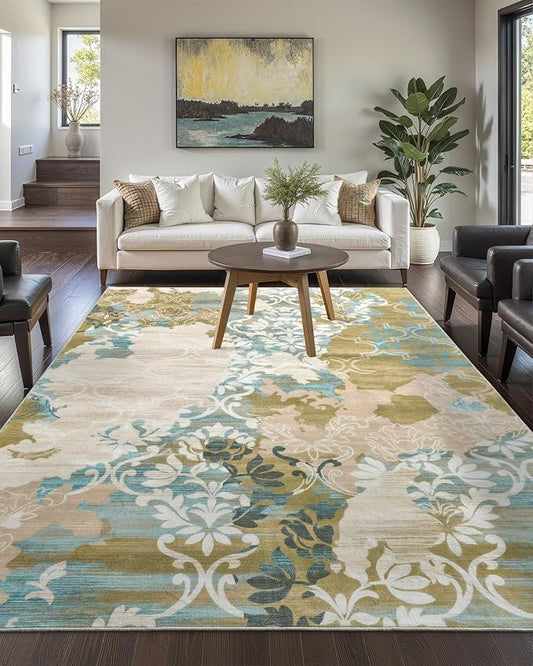 Macgace Washable Abstract Rug, 6x9 Willow Green and Blue Floral Area Rugs with Non-Slip Rubber Backed for Living Room, Low Pile Modern Throw Carpet Bedroom Dining Room Decor