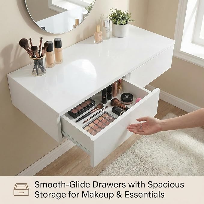 Wall Mounted Floating Vanity Desk with 2 Storage Drawers Modern MDF Makeup Table 39.4 x 15.7 x 5.9 in (100 x 40 x 15 cm), Space-Saving Makeup Table for Bedroom or Small Spaces (White)