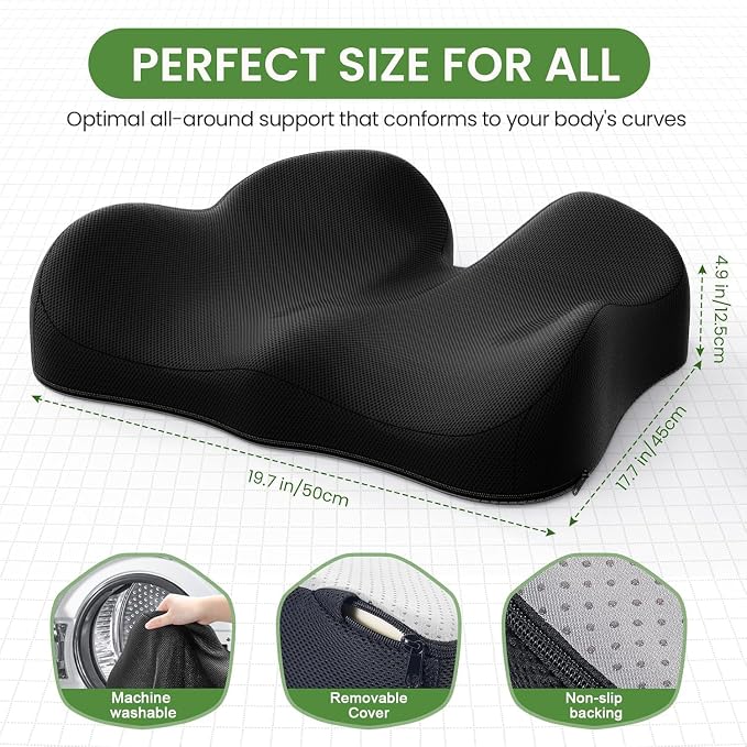 A-Pce Large Memory Foam Seat Cushion for Sciatica&Coccyx Pain, Black | Suitable for Office Chair & Car Seats, Ideal for Long Sitting at Work, Offers Lower Back Pain Relief