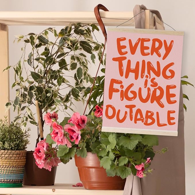 YQDEJ Pink Everything Is Figureoutable Inspirational Wall Art Poster Hanger Frame, Positive Affirmations Wall Decor, Motivational Wall Art for Home Office Classroom, 12x16 Inch