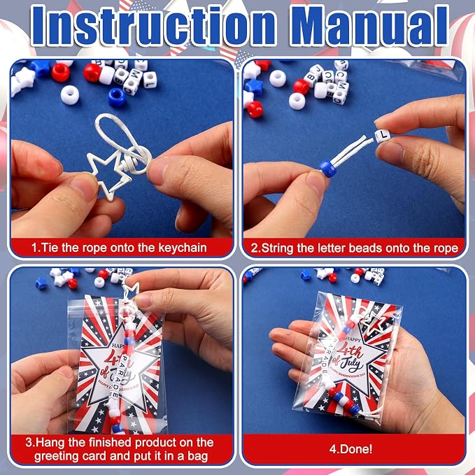Suncalla 996 Pcs 24 Set 4th of July Crafts Patriotic Keychain Making Kit DIY Red White Blue Beads 250 Anniversary Cards Rope Kit American Flag Jewelry Party Favors for Independence Day Veterans Day