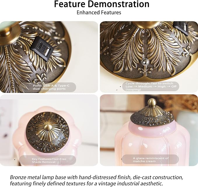 Vintage Touch Bedside Table Lamp, Elegant Green Glass Bedside Desk Lamp 3 Way Dimmable with USB C+A Charging Ports - Bedroom Nightstand & Living Room Essential (Purple;, 6.5)