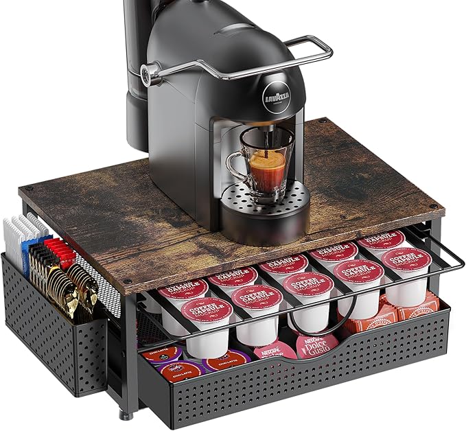 K Cup Holder, Coffee Pod Holder with 2 Tier Sliding Storage Drawer and 1 Hanging Basket for 51 Large or 73 Small Capsule,K Cup Coffee Station Organizer Accessories for Counter,Home,Office,Kitchen