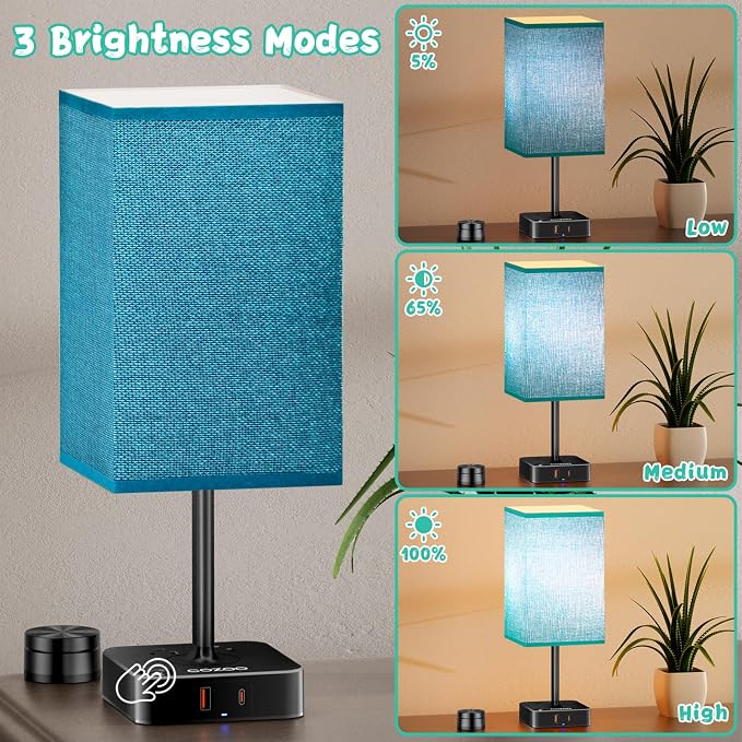 cozoo Bedside Table Lamp for Bedroom, 3 Way Dimmable & Remote Control Stepless Dimming Touch Nightstand Lamp, 2 USB Ports and 2 AC Outlets, Small Desk Light for Living Room, Bed, Study, Green