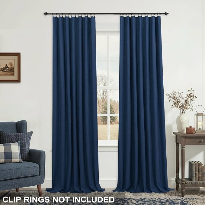 KOUFALL Navy Blue Curtains Linen Blackout, Back Tab Textured 90 Inch Long Traditional Thermal Insulated Winter Curtains for Living Room Bedroom, 52w x 90l, 2 Panel Set