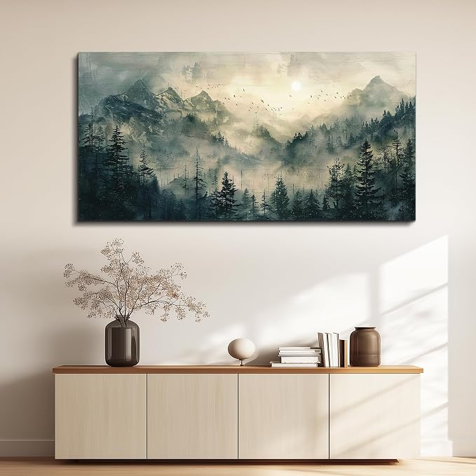 FUHAIHUA Large Framed Wall Decor For Living Room Canvas Wall Art For Office Farmhouse Wall Decorations For Bedroom Forest Fog Landscape Paintings Modern Pictures Artwork Room Home Decor 24x48 In