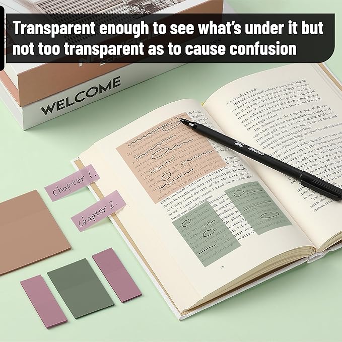 Mr. Pen- Transparent Sticky Notes with Pen, 200 Sheets, Moss & Mauve Collection, Bible Sticky Notes for Books
