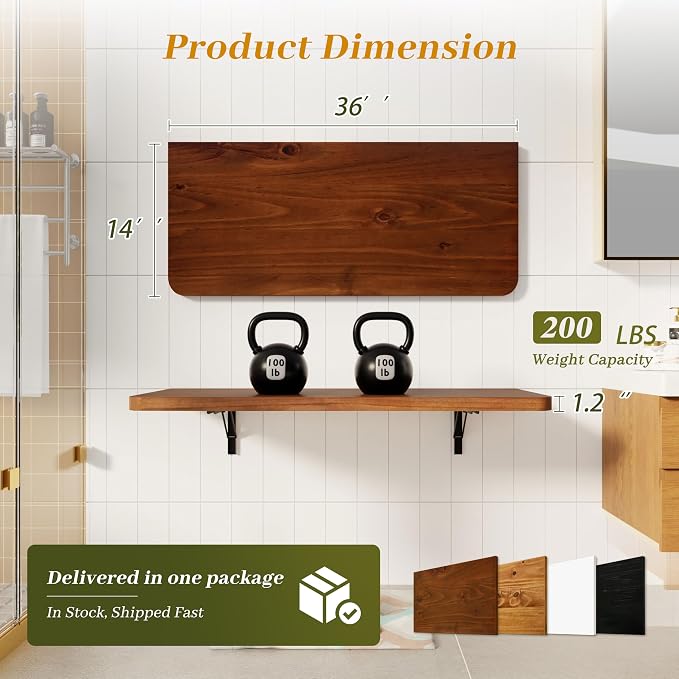 Dogsky Floating Wall Desk, 36" x 14" Wall Mounted Folding Table, Pine Wood Fold Down Wall Table, 200 lb Capacity Wall Mount Desk for Small Apartment, Laundry Room,Kitchen,Bar & Computer Use, Walnut