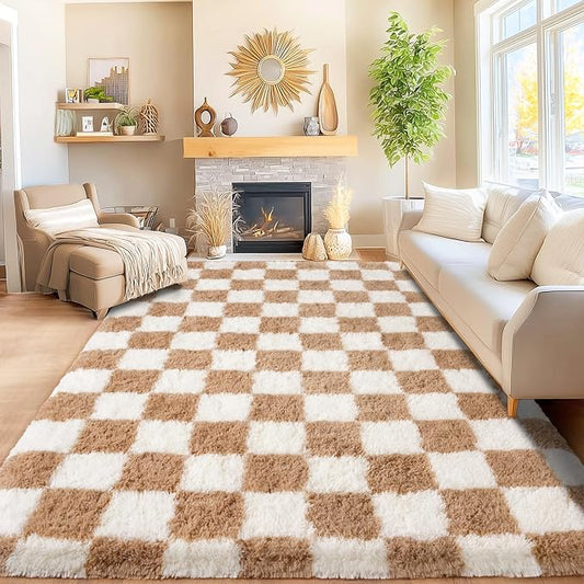 Area Rugs for Living Room 9x12, Ultra Fluffy Shag Checkered Rug Modern Washable Carpet Soft Shaggy Non Slip Indoor Plush Fuzzy Rugs for Bedroom Dorm Office Home Aesthetic Decor, Cream and Camel