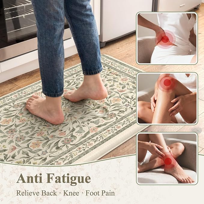 KIMODE Anti Fatigue Kitchen Mats for Floor, Farmhouse Kitchen Rugs Sets of 2, Cushioned Kitchen Floor Mats, Beige Bathroom Rugs Non Slip for Sink Home Decor Laundry Office Bedroom 20"x71"+20"x32"