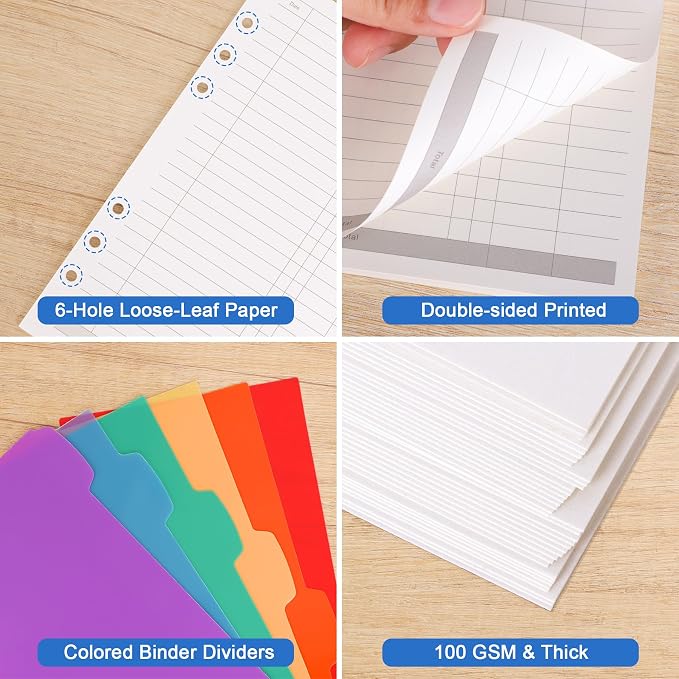 Antner A5 Finance Refill Paper Planner Refills, 135 Sheets 6-Hole Finance Records Loose Leaf Filler Paper with Binder Dividers for A5 6-Ring Budget Binder, Refillable Notebook, Accounting Book Inserts