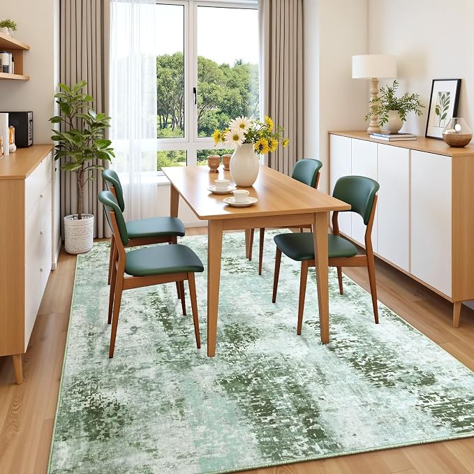 Macgace Washable Abstract Rug, 6x9 Modern Area Rugs with Non-Slip Rubber Backed for Living Room, Thin but Soft Contemporary Carpet Kitchen Bedroom Dining Room Decor, Green