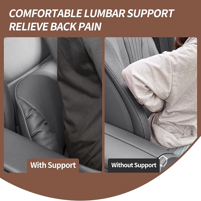 Memory Foam Lumbar Support Pillow for Car Seat, Gray, 1 Pack | Leather Lumbar Pillow for Lower Back Pain Relief - Back Cushion for Driving - Chair Support for Office Chair, Gaming Chair