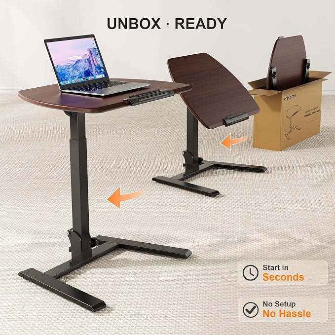 ROMOON Folding Portable Standing Desk with Wheels, No-Assembly Rolling Height-Adjustable Sit-Stand Table, Space-Saving Foldable Laptop Cart for Home Office and Computer Workstation (Walnut)