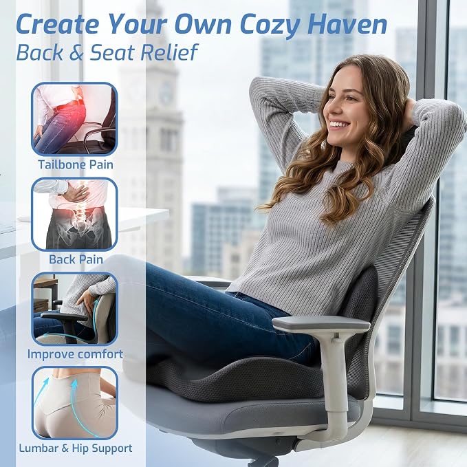 Seat Cushion,Memory Foam Chair Cushion for Office and Car,Ergonomic Coccyx Seat Cushion for Tailbone,Sciatic Nerve,Lower Back Pressure Relief,Lumbar Support Pilow for Office,Car,Truck,Desk Chair