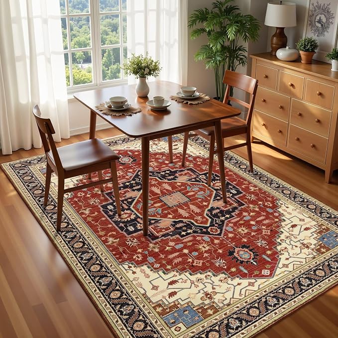 Macgace 3x5 Orange Red Area Rug for Living Room, Machine Washable Rugs with Non-Slip Backing for Bedroom, Vintage Medallion Carpet Kitchen Laundry Kids Room Decor