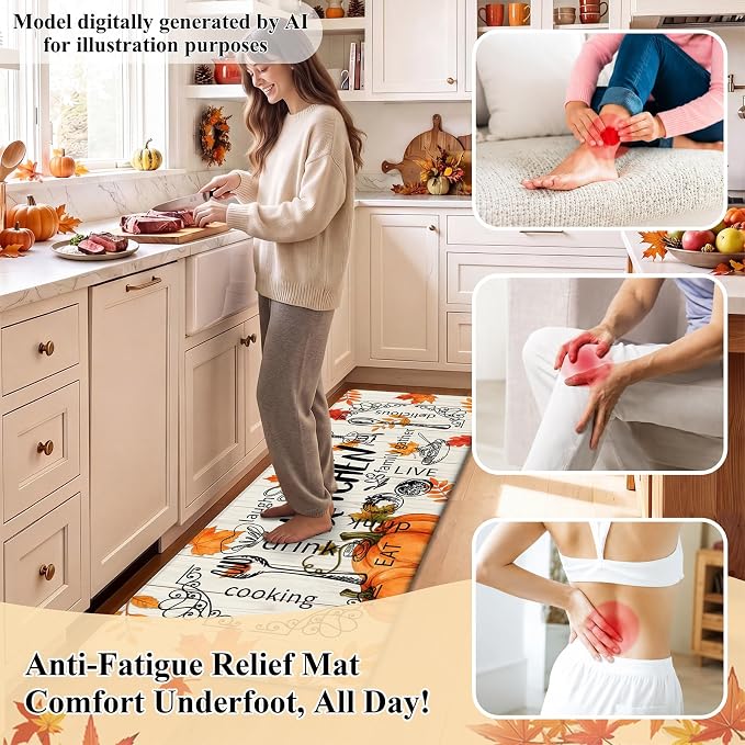 HEBE Fall Kitchen Mat Set of 2, Anti Fatigue Pumpkin Kitchen Mats for Floor | Cushioned Non Slip Autumn Kitchen Rugs and Runner Set, Waterproof Maple Leaf Floor Carpet for Harvest Thanksgiving