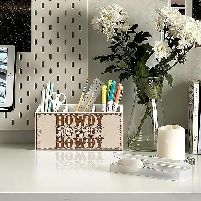 Western Pen Pencil Holder for Desk, Cowboy Gifts, Cowgirl Gifts for Women, Western Office Decor, Retro Country Howdy Southwestern Wooden Box Sign Decorations for Home Office Desk Tabletop