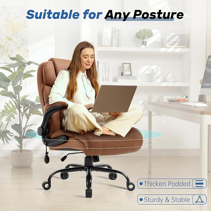 550LBS Big and Tall Office Chair, Comfy Heavy Duty Executive Chair with Adjustable Lumbar Support Double Spaces Casters, Fabric Extra Wide Seat Ergonomic Computer Desk Chair for Back Pain,Brown