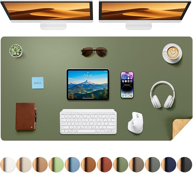 Aothia Cork Desk Mat - Dual-Sided XL PU Leather Desk Pad & Full Desk Protector, Large Waterproof Desktop Mat for Office & Gaming (47" x 23.6", Olive Green)