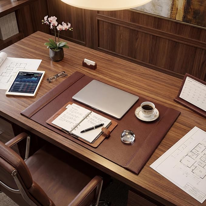 26.5 x 17.3 Inch Leather Desk Pad Protector with Side Rails, Executive Office Desk Mat for Home Workspace, Writing Surface, Mouse & Keyboard Pad, Elegant Gift for Men Dad Husband(Brown)